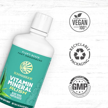 Sunwarrior Liquid Multivitamin Supplements & Minerals with Aloe Vera for Men and Women | Energy & Immune Support Gluten Free Sugar Free Dairy Free Vegan Raw Plant Based | Vitamin Mineral Rush 30 Fl Oz