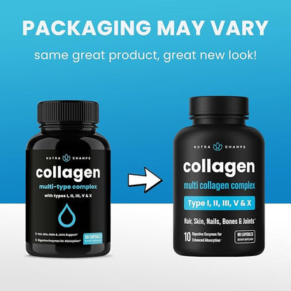 NutraChamps Multi Collagen Pills, Types I,II,III,V,X, Double Hydrolyzed Collagen Peptides Powder Capsules, Protein Supplement for Women & Men, 180 Capsules (Pack of 2)