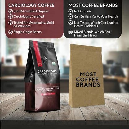 Heart Healthy Coffee - Organic Mold Free Coffee Whole Bean Medium Roast - USDA Certified Hand-Selected Honduras Cardio Coffee - Non-GMO Tested for Mycotoxins & Pesticides - 12oz
