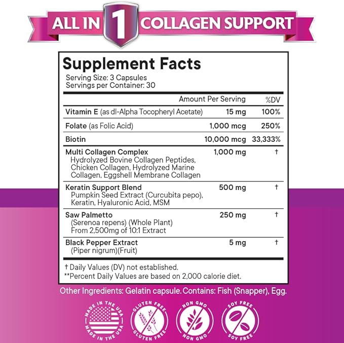 Collagen Pills 1000mg Biotin 10000mcg Keratin 2500mg Hyaluronic 180 Count