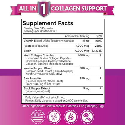 Collagen Pills 1000mg Biotin 10000mcg Keratin 2500mg Hyaluronic 180 Count