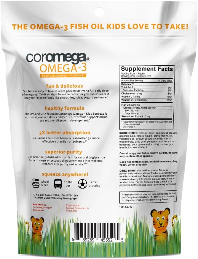 Coromega Kids Omega 3 Fish Oil 650mg of Omega-3s, Tropical 120 Single