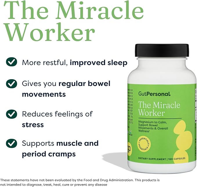 The Miracle Worker Magnesium Capsule Supplement: Reduce Stress and Improve Sleep Quality and Regularity While Easing Muscle Cramps, Capsules, 60 Servings, 120 ct