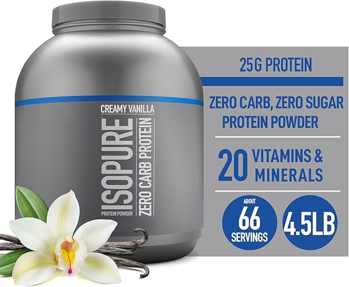 Isopure Zero Carb 100% Pure Whey Isolate Protein Powder, Lactose Free, Gluten Free, With Vitamins, Creamy Vanilla, 25g Protein Per Serving, 4.5 Lbs, 66 Servings