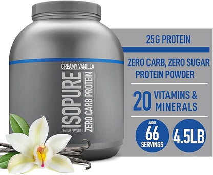 Isopure Zero Carb 100% Pure Whey Isolate Protein Powder, Lactose Free, Gluten Free, With Vitamins, Creamy Vanilla, 25g Protein Per Serving, 4.5 Lbs, 66 Servings