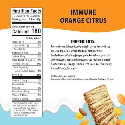 JiMMY'S Immune! Citrus Blast Immune Support Bar - 15 Count - Protein Bar with Immune Fortifying Ingredients: Vitamin C, Turmeric, Orange, Mango, Acerola Cherry and Almonds