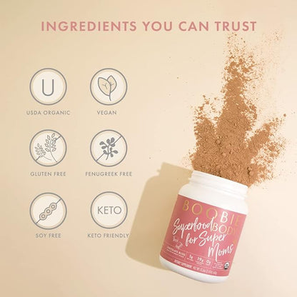 Boobie Body Superfood Protein Shake for Moms, Pregnancy Protein Powder, Lactation Support to Increase Milk Supply, Probiotics, Organic, Diary-Free, Gluten-Free, Vegan - Chocolate Bliss (20 Servings)