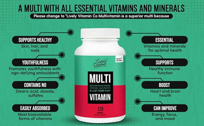 LIVELY VITAMIN CO. Multivitamin - 37 Vitamins Minerals and Extracts - Energy - Memory - Immune Function - Heart- Brain - Focus - Mood - Antioxidants - Dairy Gluten Soy Free - 120 Vegetarian Capsules