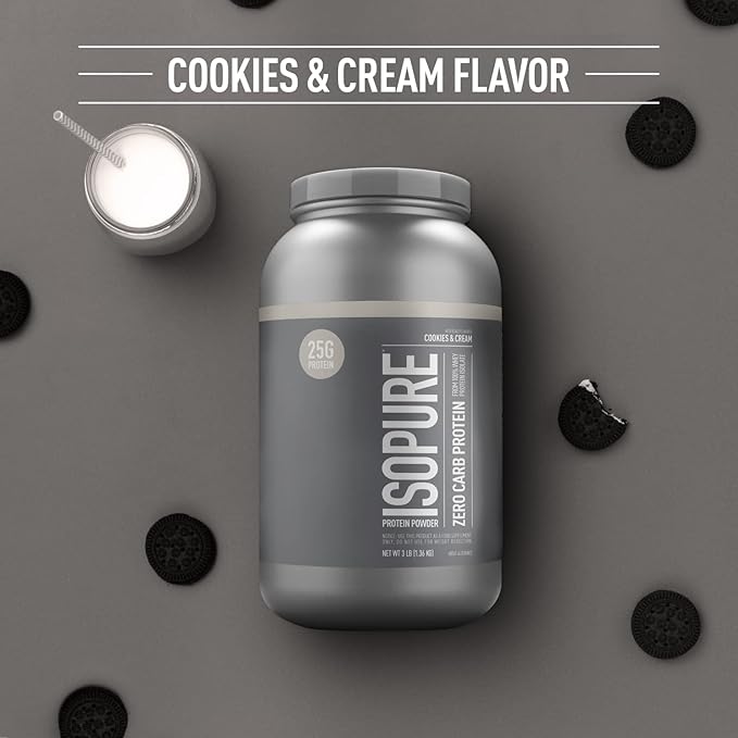 Isopure Zero Carb 100% Pure Whey Isolate Protein Powder, Lactose Free, Gluten Free, With Vitamins, Cookies & Cream, 25g Protein Per Serving, 3 Lbs, 44 Servings