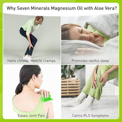 Seven Minerals, Magnesium Oil Spray with Aloe Vera - Less Itchy - Use as Magnesium Spray Deodorant - Made in USA - Get Healthy Hair & Skin and Sleep Better - Free eBook Included (Big 12 oz)