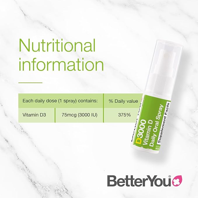 BetterYou D3000 Vitamin D Oral Spray - Convenient Alternative for Tablets - Promotes Strong Bones, Teeth and Immune System - Aids in Calcium Absorption - Natural Peppermint Flavor - 0.5 oz