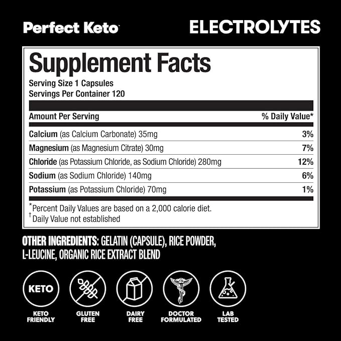 Perfect Keto Electrolytes Capsules, Gluten Free, Electrolyte Supplement with Magnesium, Calcium, Potassium and Sodium, Hydration, Energy, Recovery and Immune Support, Unflavored, 120 Servings