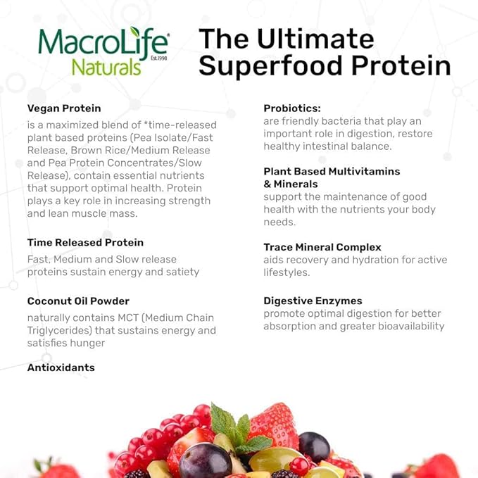 MacroLife Naturals MacroMeal Vegan Protein Powder Superfood Greens Probiotics + Fiber, Immune Energy Digestive Daily Essentials for Women & Men Gluten-Free - (15 Servings) (15 Servings, Vanilla)