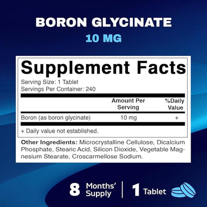 Vitamatic Chelated Boron (as Glycinate) 10mg 240 Tablets - Supports Hormone Balance, Bone Health & Connective Tissue