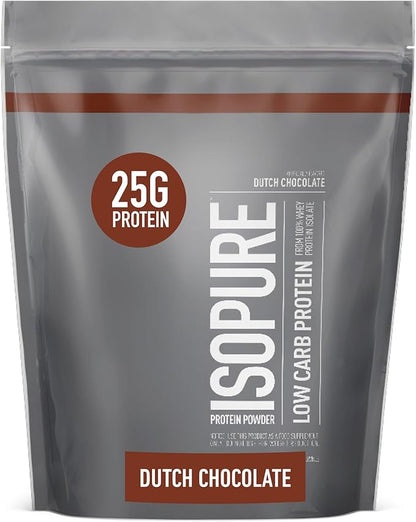 Isopure Low Carb 100% Pure Whey Isolate Protein Powder, Lactose Free, Gluten Free, With Vitamins, Dutch Chocolate, 25g Protein Per Serving, 1 Lb, 14 Servings