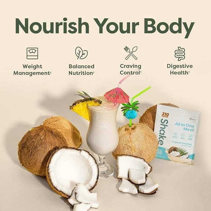 310 Nutrition Meal Replacement Shake - Fiber-Rich Vegan Superfood Blend - Low Carb, Keto & Paleo Friendly, Gluten-Free, 26 Vitamins & Minerals, Natural Sweeteners - Tropical Coconut, 14 Servings