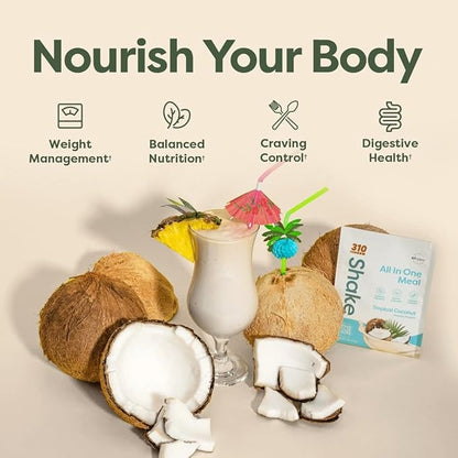 310 Nutrition All-In-One Meal Replacement Shake - Fiber-Rich Vegan Superfood Blend with Natural Sweeteners - Low Carb, Keto & Paleo Friendly, Gluten-Free, 26 Essential Vitamins & Minerals, Tropical Coconut, 28 Servings