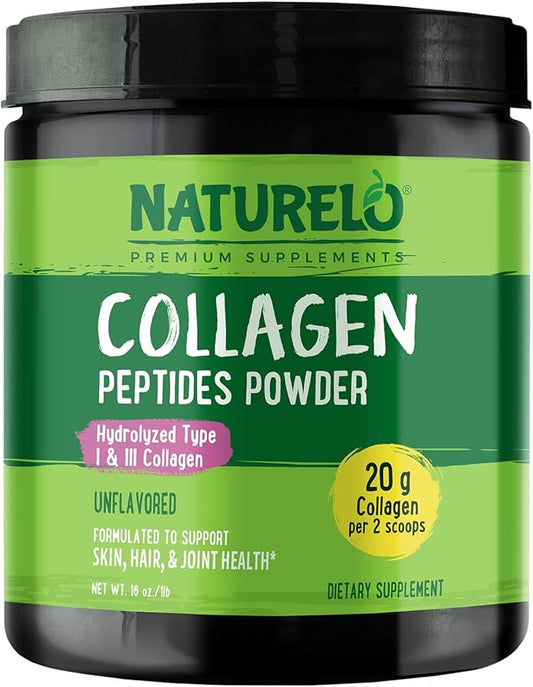 NATURELO Collagen Peptide Powder, Hydrolyzed Collagen 16 Ounces 45 Servings