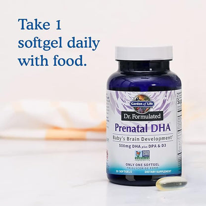 Garden of Life Dr. Formulated Prenatal 550mg DHA 100% DV D3, Single 3 DHA 30 Softgels