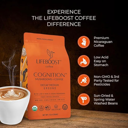 Lifeboost Cognition Adaptogenic Decaf Mushroom Coffee - Lions Mane & Chaga Nootropic Coffee - Low Acid Decaf Medium Organic Coffee - Increase Energy, Boost Focus & Immune Support - 12 oz Bag - Ground