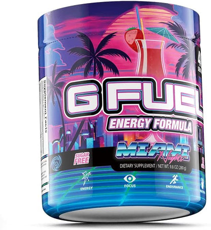 G Fuel Miami Nights Energy Drink Powder, Pre Workout Caffeine Mix for Gaming, Sugar Free Focus Amino, Vitamin + Antioxidants, 9.9oz (Strawberry Pina Colada, 40 Servings)