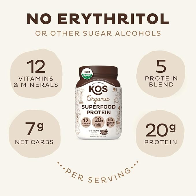KOS Vegan Protein Powder Erythritol Free, Chocolate 28 Servings