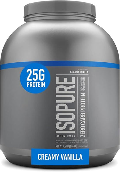 Isopure Zero Carb 100% Pure Whey Isolate Protein Powder, Lactose Free, Gluten Free, With Vitamins, Creamy Vanilla, 25g Protein Per Serving, 4.5 Lbs, 66 Servings