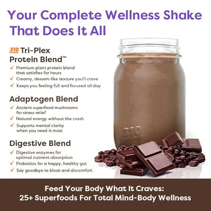 310 Nutrition Meal Replacement Shake - Fiber-Rich Superfood Blend - Low Carb, Keto & Paleo Friendly, Gluten-Free, 26 Essential Vitamins & Minerals, Natural Sweeteners - Mocha, 14 Servings