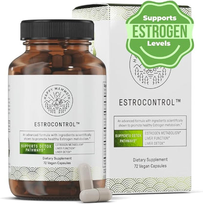 Happy Mammoth EstroControl Natural Estrogen Balance Support for Women. Relief for PMS, Irritability, Hormonal Weight Gain, Cravings, Metabolism, Irregular Periods, Healthy Energy. 72 Caps.