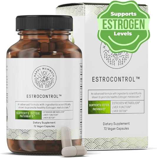 Happy Mammoth EstroControl Natural Estrogen Balance Support for Women. Relief for PMS, Irritability, Hormonal Weight Gain, Cravings, Metabolism, Irregular Periods, Healthy Energy. 72 Caps.