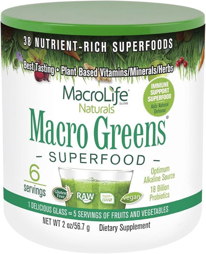 MacroLife Naturals Macro Greens Powder 38 Superfood Probiotic Antioxidant Enzyme & Herbal Supplement Immunity Energy Cleanse - Non-GMO Vegan Gluten-Free Dairy-Free - 2 oz (6 Servings)