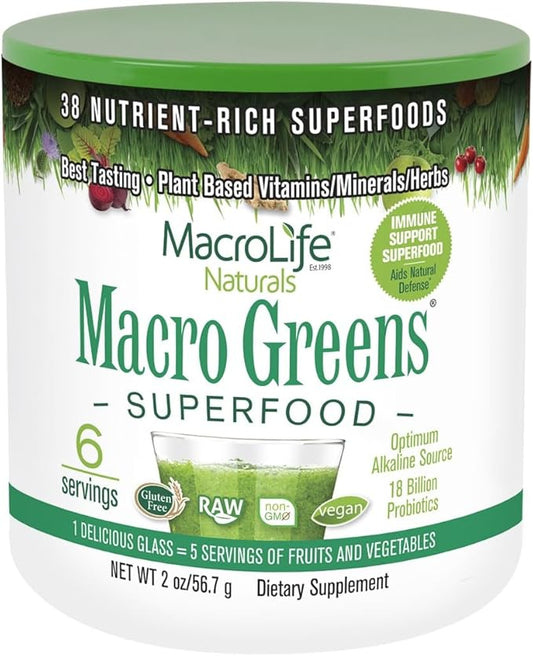 MacroLife Naturals Macro Greens Powder 38 Superfood Probiotic Antioxidant Enzyme & Herbal Supplement Immunity Energy Cleanse - Non-GMO Vegan Gluten-Free Dairy-Free - 2 oz (6 Servings)