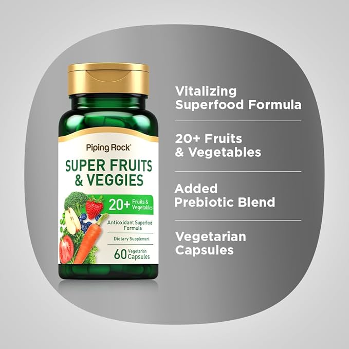 Piping Rock Fruits and Veggies Supplement | 60 Capsules | Superfood Fruit and Vegetables Vitamins | with Prebiotic Blend | Vegetarian Formula | Non-GMO, Gluten Free