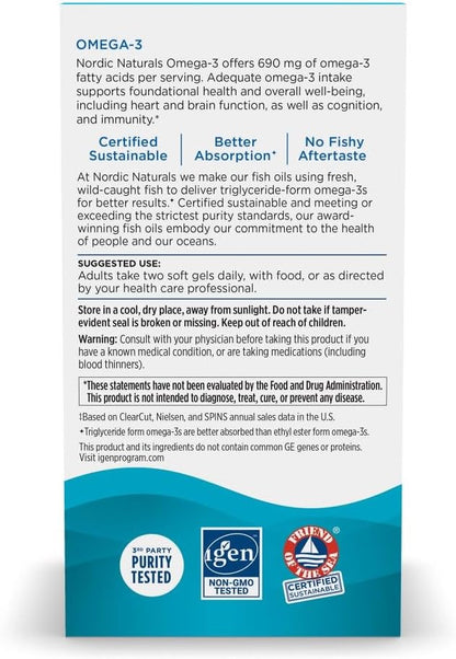 Nordic Naturals Omega-3, Lemon Flavor - 90 Soft Gels - 690 mg Omega-3 - Fish Oil - EPA & DHA - Immune Support, Brain & Heart Health, Optimal Wellness - Non-GMO - 45 Servings