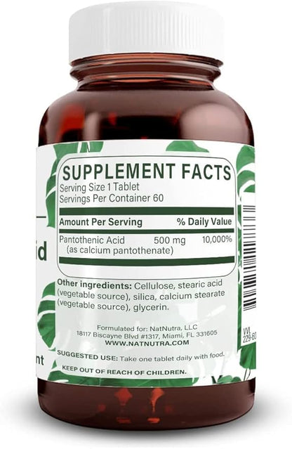 Natural Nutra Time Release Pantothenic Acid 500 mg, Vitamin B5 Supplement Helps Break Down Fat and Carbohydrates, Metabolism and Energy, Improve Muscle Health, 60 Vegetarian Tablets (3 Pack)