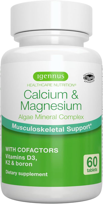High Absorption Algae Calcium & Magnesium K2 & D3, Non-GMO 60 Tablets,