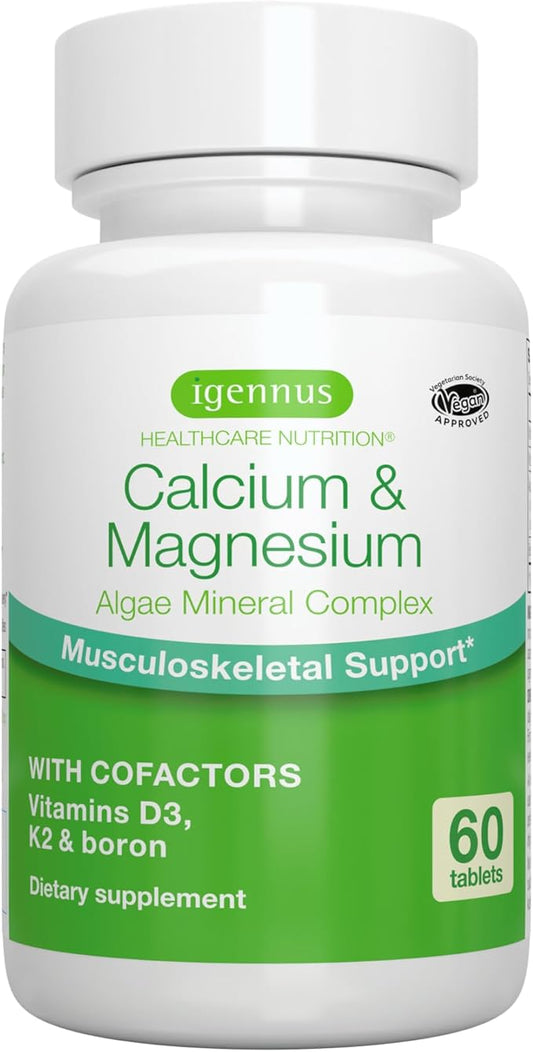 High Absorption Algae Calcium & Magnesium K2 & D3, Non-GMO 60 Tablets,