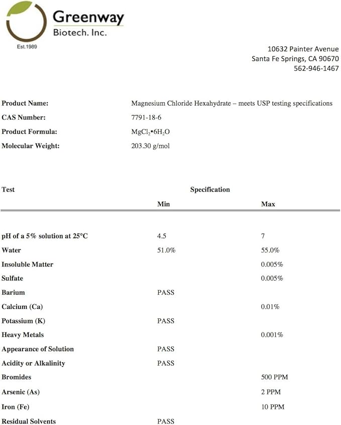 Magnesium Chloride USP (Pharmaceutical Grade) 100% Edible Cloruro de Magnesio 100% Comestible "Greenway Biotech" 2 Pounds