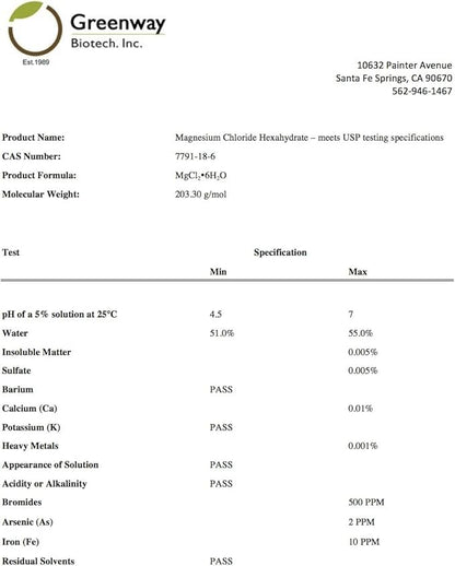 Magnesium Chloride USP (Pharmaceutical Grade) 100% Edible Cloruro de Magnesio 100% Comestible "Greenway Biotech" 2 Pounds