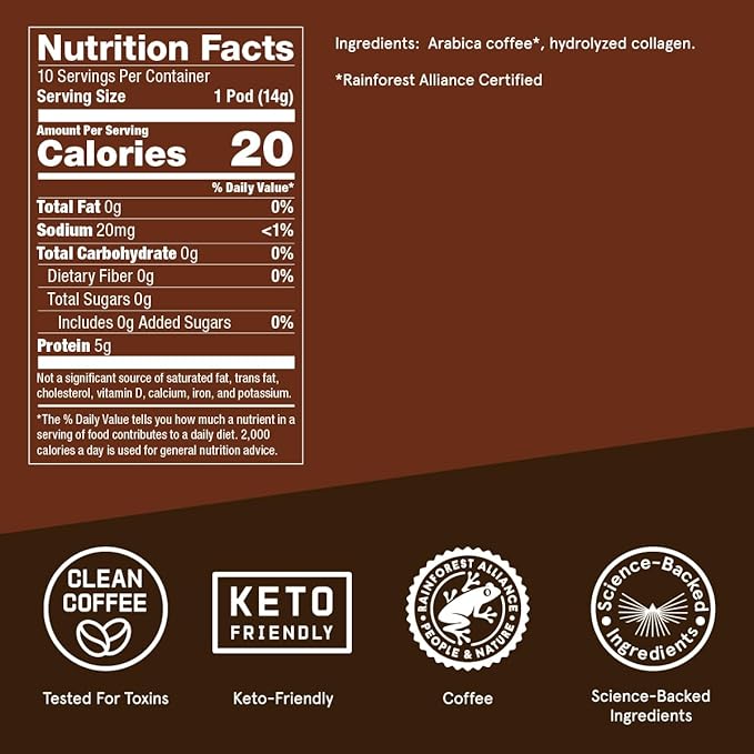 Bulletproof The Original + Collagen Single-Serve Coffee Pods, 10 Count, 100% Arabica Coffee Sourced from Central and South America