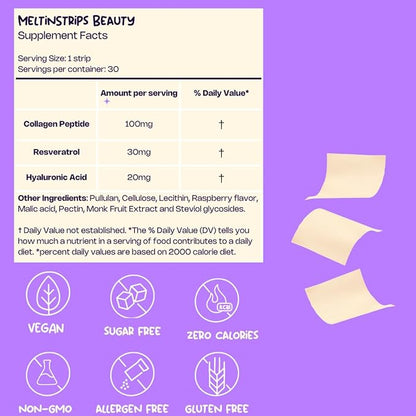 Beauty Oral Strips with Collagen, Hyaluronic Acid, Resveratrol, 3-in-1 Oral Dissolving Strips for Skin Hydration & Health Faster Absorption Sugar Free Vegan Dietary Supplement - 30 Strips