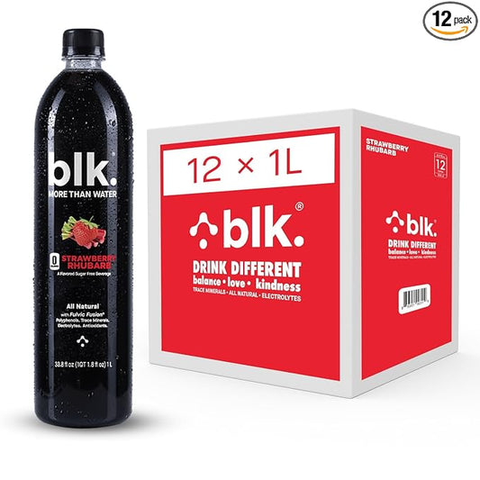 blk. Natural Alkaline Mineral Water Electrolyte Infused with Fulvic and Amino Acids, Zero Sugar Drink, Strawberry Rhubarb Flavored, 1 Liter, Pack of 12