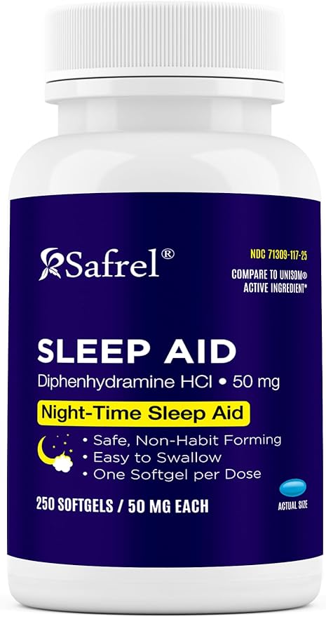 Safrel Nighttime Sleep Aid, Diphenhydramine HCl 50mg, 250 250 Softgels