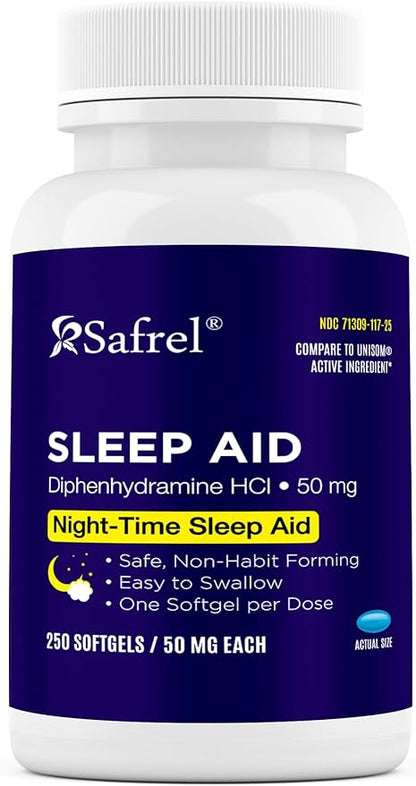 Safrel Nighttime Sleep Aid, Diphenhydramine HCl 50mg, 250 250 Softgels