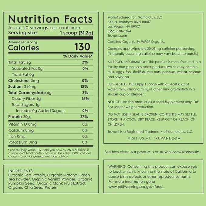 Truvani Vegan Pea Protein Powder 20g Organic 20 Servings