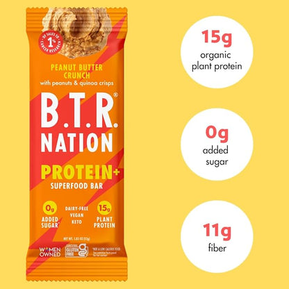 Vegan Keto Plant Based Protein & Fiber Bars by B.T.R. - Low Carb & GF | 12 Bars | Free of Sugar Alcohols, Dairy, Soy and Boosted with Powerful Superfoods! (Peanut Butter Crunch Protein+)