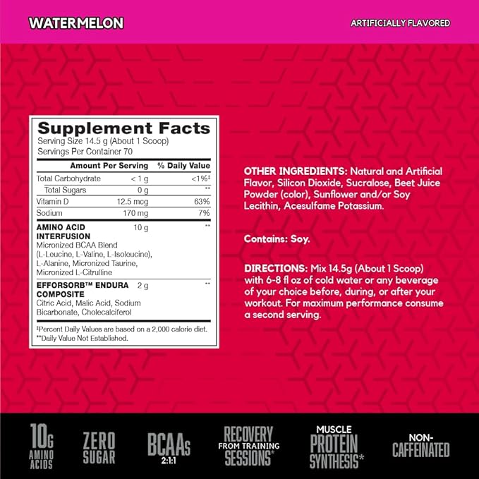 BSN Amino X Muscle Recovery & Endurance Powder with BCAAs, Intra Workout Support, 10 Grams of Amino Acids, Keto Friendly, Caffeine Free, Flavor: Watermelon, 70 Servings (Packaging May Vary)
