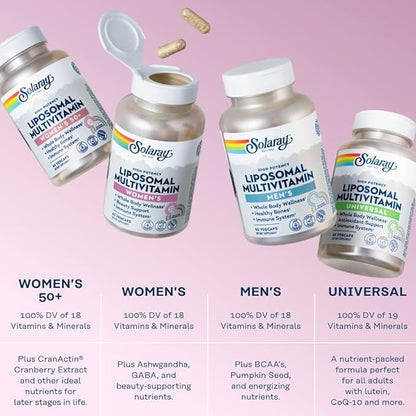 SOLARAY Liposomal Multivitamin for Women, Enhanced B12, Biotin, CoQ10, Immune 30 Servings, 60 VegCaps