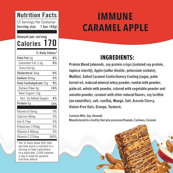 JiMMY! Immune Support Protein Bar, Caramel Apple - 15 Count - Vitamin C Rich, Low Carb, Gluten-Free, Antioxidant Power, Healthy Snack Bar