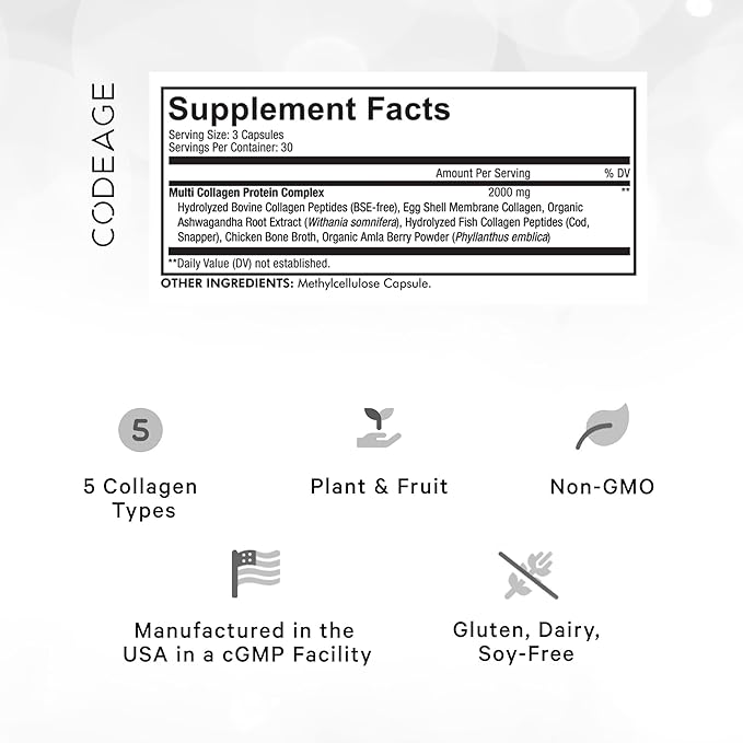 Codeage Multi Collagen Peptides Protein Capsules, 5 Collagen 90 Count